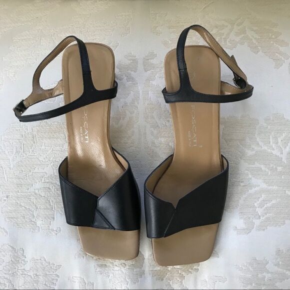 Lea Foscati Black Leather Sandals Heels SZ 38 - Picture 1 of 6